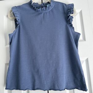 CeCe Sleeveless Top Size S Blue Ruffe Neck and Shoulders Everyday Wear